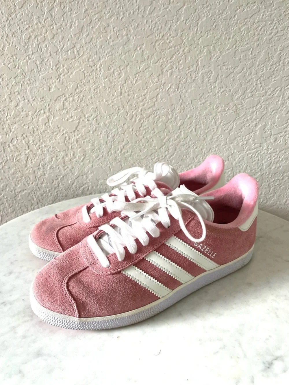 Adidas Gazelle in the Pink Glow/Cloud‎ White colorway Women’s Size 7 1/2